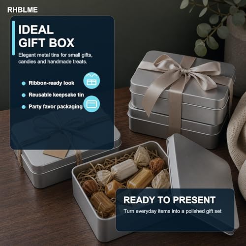 RHBLME 12 Pack Rectangular Tin Boxes with Lids, 4.9 x 3.6 x 1.8 Inch Empty Metal Tin Containers, Silver Storage Tins for Cookies, Candy, Treats, Gifts, Party Favors, Crafts and Small Items