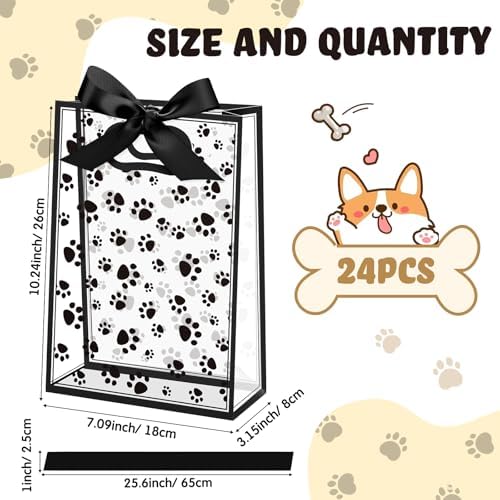 Capoda 24 Pack Dog Paw Gift Bags with Handles Reusable Plastic Party Favor Bags for Dog Birthday Puppy Party Black Paw Goodie Bag Medium Treat Bag for Pet Adoption Rescue Events Doggy