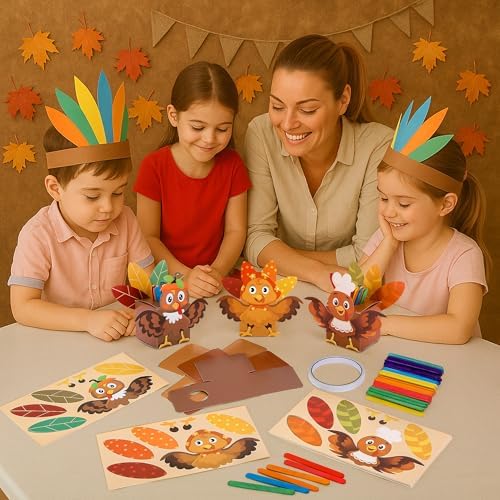 Wehhbtye 24 Set Thanksgiving Turkey Paper Jar Craft, Thankful Turkey DIY Boxes with Wooden Stick, Fall Gratitude Prayer Jar Crafts for Religious Party Supplies Handicraft Art Decoration