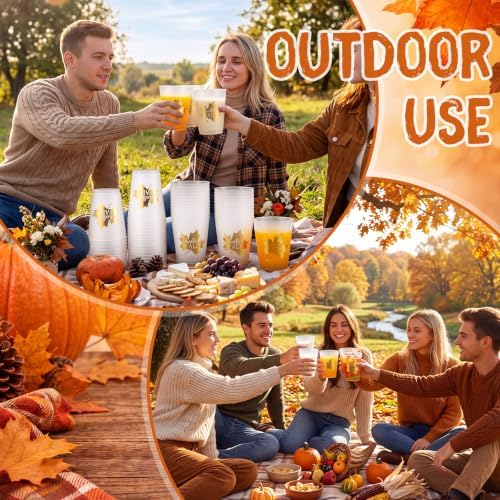 Tioncy 50 Pcs 16 oz Hello Fall Frosted Plastic Cups, Gold Autumn Plastic Cups, Fall Clear PP Frosted Reusable Cup Bulk for Autumn Party Decorations Hot Coffee Wine Cold Drinks Supplies
