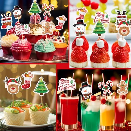 NEBURORA 64 Pieces Christmas Cupcake Toppers Santa Snowmen Cake Picks Merry Christmas Toothpick Flags for Party Decorations Supplies