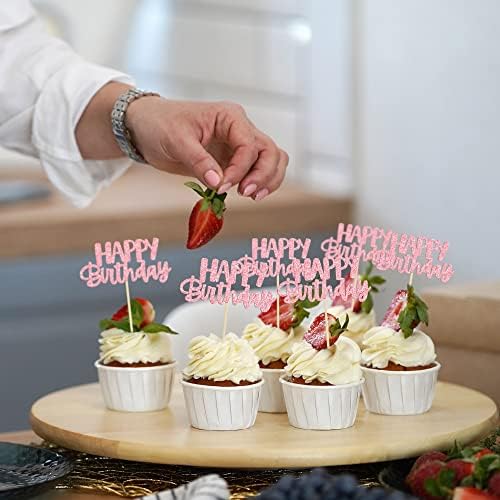 Gyufise 24pcs Happy Birthday Cupcake Toppers - Pink Glitter Celebrating Cake Picks - Baby Shower & Kids Party Decoration Supplies