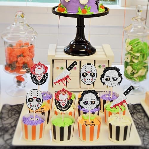 24 PCS Halloween Horror Movie Cupcake Toppers, Bloody Knife Picks, Have a Killer Birthday Cake Decorations for Classic Movie Characters Theme Party Supplies