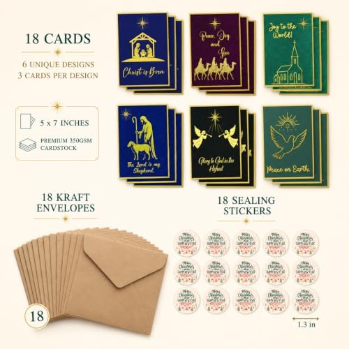 Religious Christmas Cards, 18 Folded 5x7 Glitter Cards with Envelopes