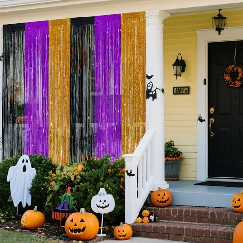 Halloween Party Decorations, 3 Pack Glittery Halloween Foil Fringe Curtains 3.3 X 6.6 ft, Orange Purple Black Tinsel Party Backdrop Photo Booth Props Streamers Birthday Party Supplies