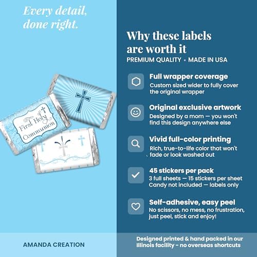 First Holy Communion Mini Chocolate Candy Bar Sticker Wrappers for Boys, 45 1.4" x 2.6" Wrap Around Labels by AmandaCreation, Great for Party Favors