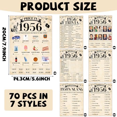 70Pcs 70th Birthday Party Games Born In 1956 Fun 1956 Trivia Music Slang Books Game Double-Sided Game Cards Vintage 70th Birthday Party Supplies for 70 Year Old Activity Anniversary Class Reunion
