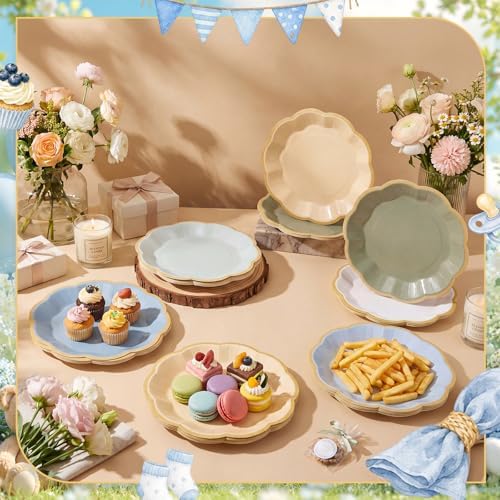 72 Pcs Boy Baby Shower Paper Plates 9 Inch Sage Green Blue Gradient Scalloped Paper Disposable Dinner Dessert Plates for One Silly Goose Birthday Wedding Bridal Party Supplies, 6 Colors