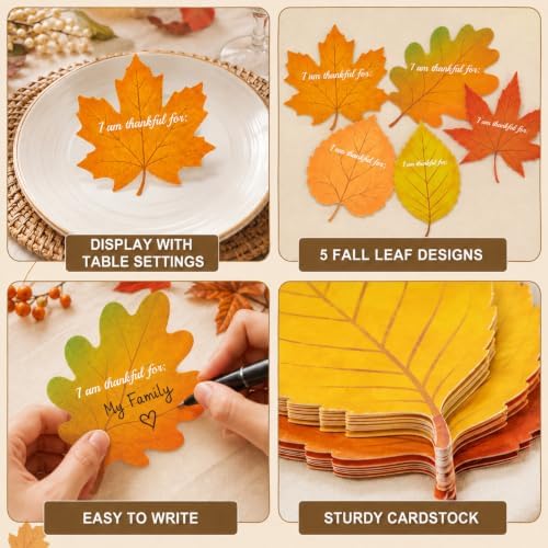 200 Pcs Thankful for Leaves Place Cards Thanksgiving Place Card I Am Thankful for Fall Leaf Table Cards Autumn Maple Leaf Seating Name Card Plate Decor for Thanksgiving Dinner Harvest Desktop Decor