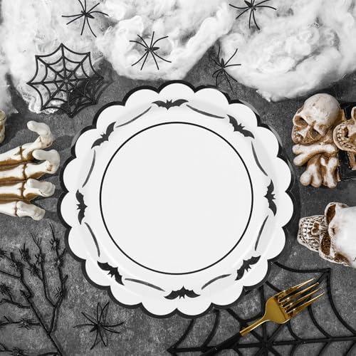 JarThenaAMCS 50 Pcs Halloween Paper Plates Bat Scalloped Disposable Plate Spooky Decorative Tableware for Holiday Party Decor Supplies, 9 In