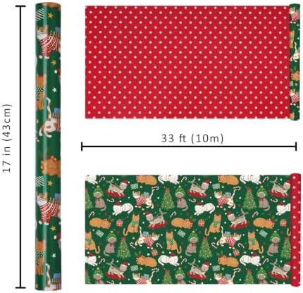 LaRibbons Reversible Cat Christmas Wrapping Paper Roll Pet 17 In x 33 Ft