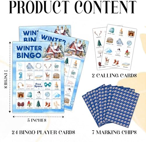 Winter Bingo Games for Family Friends, Christmas Bingo Games for Adults, Winter Xmas Party Decorations Supplies Favors, Merry Christmas Holiday Game Card for Indoor, 24 Players Game Cards -12