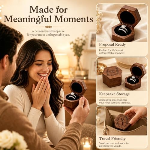 Personalized Wedding Ring Box, Custom Name and Date, Hexagon 3-Slot Design