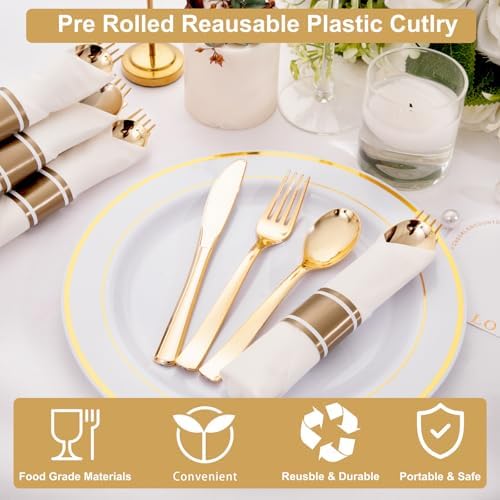 400PCS Pre Rolled Gold Plastic Silverware Set Heavy Duty for Wedding