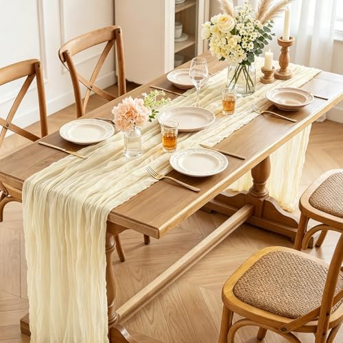 3Pcs Beige Table Runner, 10FT Rustic Cheesecloth Table Runner 35*120inch Boho Beige Runner for Wedding Bridal Shower Baby Shower Table Centerpiece Decorations