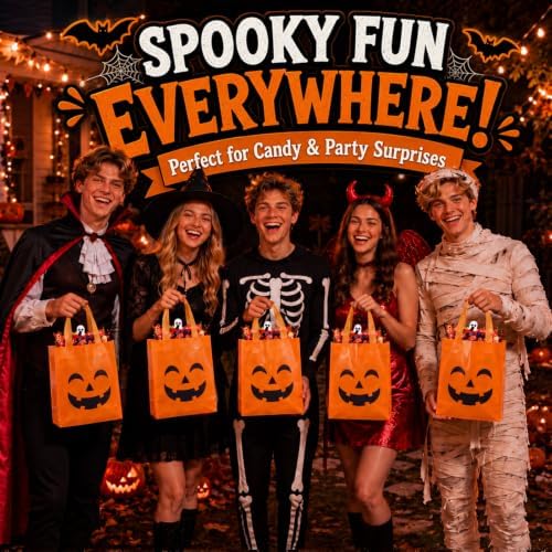Pajean 25 Pcs Halloween Plastic Gift Bags with Handles, Pumpkin Pouches