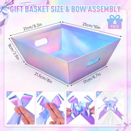 6PACK LaserBaskets For Gifts Empty, 10 x 8” bThick Kraft Gift Basket with 6Bows 6Bags Empty Gift Baskets for Christmas