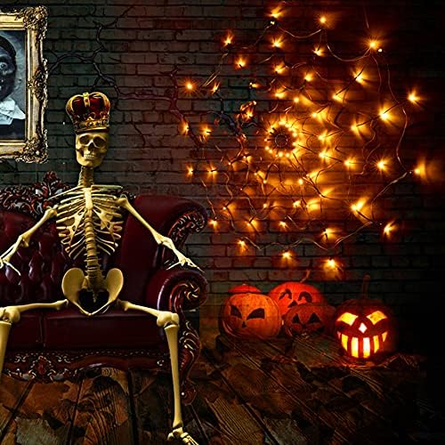 FUNPENY Halloween 80 LED Orange Spider Web Lights with Spider, Battery Powered 8 Modes Light up Cobweb Halloween Decorations for Indoor Ourdoor Garden Yard Home Patio (Orange)