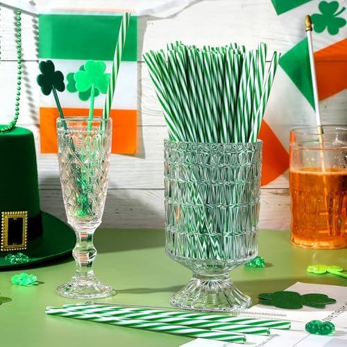 JANYUN 30 Pcs Green and White Straws Plastic, Reusable St Patricks Straws