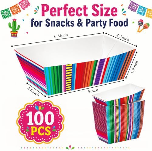 100 Pcs Mexican Fiesta Paper Food Trays, Pre-Folded Disposable Food Boats for Tacos, Nachos, Burritos, Fries, Snacks, Taco Tuesday, Fiesta Party Supplies