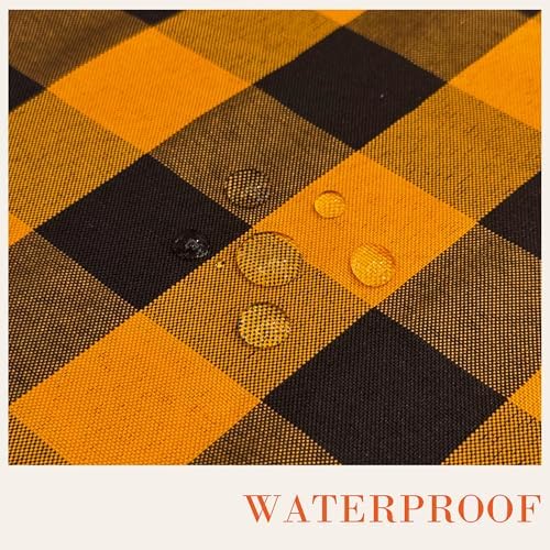 Waterproof Gingham Tablecloth, Checkered Fabric Table Cover for Kitchen Dining, Black & Orange Plaid Table Cloth, Rectangle Table Cloth for Indoor Outdoor Use, 60" Round