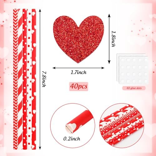 JarThenaAMCS 40Pcs Valentine's Day Paper Straws Red Glitter Heart Disposable Drinking Straws Romantic Decorative Straw for Wedding Birthday Party Supplies