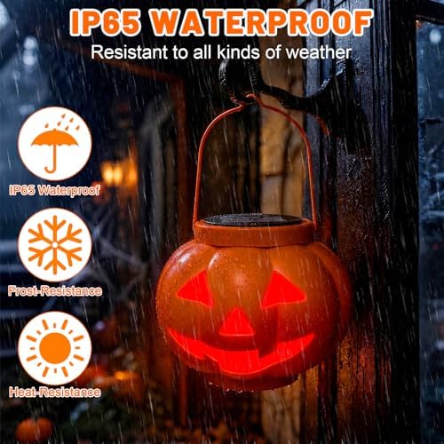 BRIGHTDECK Halloween Pumpkin Solar Lanterns 2 Pack, Jack O Lantern Pumpkin Lights for Halloween Decorations Outdoor, Weatherproof & Portable Fall Yard Decor (2Pack Red＆Green)
