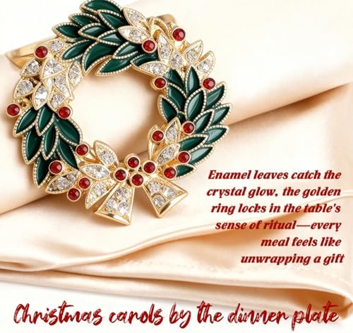 Alloy Enamel Wreath Napkin Rings (4-Set Pack) - Dinner Napkin Holders & Festive Tabletop Topper for Holiday Place Settings