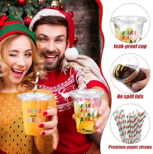 Jingmore 50 Sets Christmas Disposable Plastic Cups with Lids and Straws