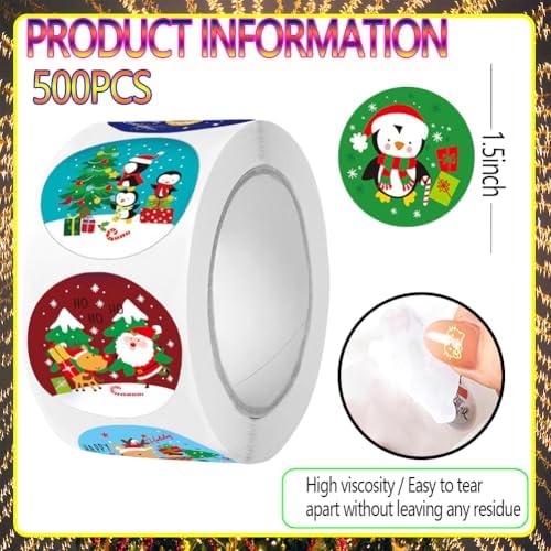 500pcs Small Christmas Roll Stickers - 8 Designs: Santa Claus/Snowmen/Elk - Xmas Holiday Winter Self-Adhesive Stickers for Envelopes Invitations Cards Party Gift Decorations