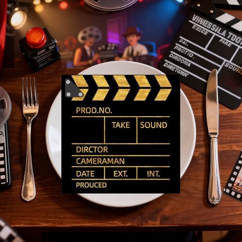 50 Pcs Movie Night Paper Napkins 6.5 x 6.5 Inches, Movie Theme Disposable Luncheon Dinner Party Napkins Cocktail Napkin for Film Action Lights Camera Popcorn Birthday Party Decorations (Movie Night)