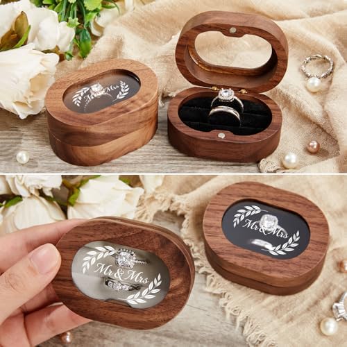Roycraft Mr & Mrs Wedding Ring Box Oval Transparent Lid Wooden Ring Box with 2 Slots for Engagement Wedding Anniversary (Brown Inner)