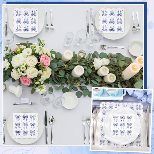 NatNarr 100 Pk Blue Bow Cocktail Napkins, 5" Scalloped Decoupage Napkins
