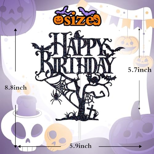 Black Glitter Halloween Happy Birthday Cake Topper, Spooky Haunted House Cake Decor, Creepy Horror Birthday Themed Party Decorations Supplies