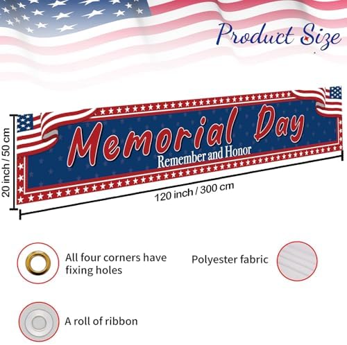Memorial Day Banner 120x20Inch - Memorial Day Decorations, Remember and Honor Banner for Fence Yard Sign Patriotic Decorations Party Supplies