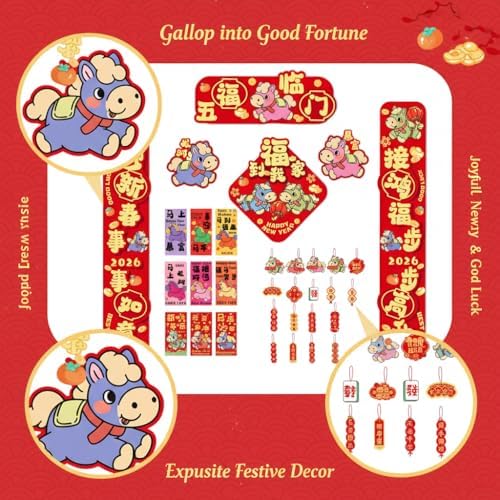 2026 Chinese New Year Decorations Bundle – Year of The Horse 36pcs Lunar New Year Set with Red Envelopes, Hanging Charms, Couplets & Door Stickers – Premium Chinese Decor for Home & Party