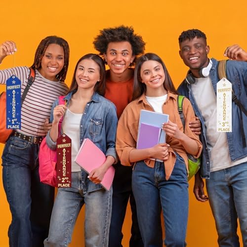 Thiccywoov 90 Pcs Perfect Attendance Ribbons for 1st, 2nd, 3rd Place, 8" x 2" Perfect Attendance Award Ribbons with Event Card and String for Competition Contests School Office Team Contest Ornaments