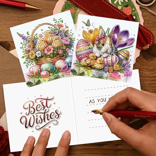 YOKUSHI 12 PCS Easter Diamond Art Painting Greeting Cards, Rabbit Craft DIY Card Making Kits for Adults Gifts (Easter)