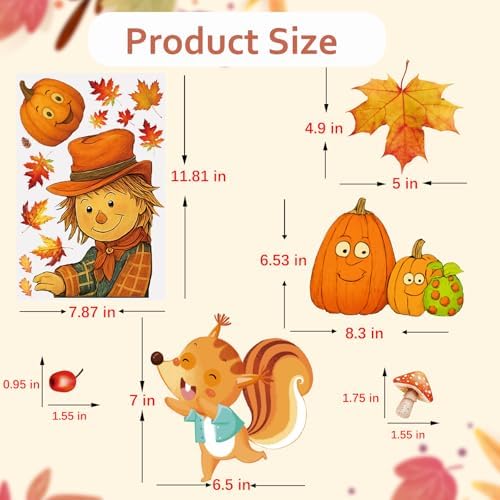 DC-BEAUTIFUL 153 Pcs Fall Window Clings, 12 Sheets Double Sided Autumn Pumpkin Scarecrow Maple Leaf Glass Stickers, Reusable Static Thanksgiving Window Decals Party Decors for Home Office School Shop