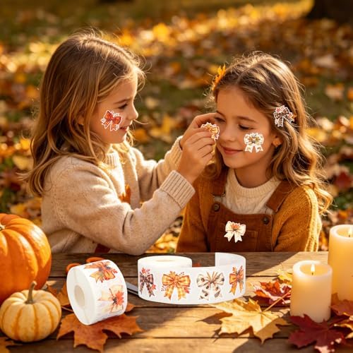 Whaline 1000 Pcs Fall Bow Stickers Roll Orange Pumpkin Plaid Leaves Bowknot Self-Adhesive Decals for Thanksgiving Autumn Scrapbook Journal Envelope Decor, 2 Rolls
