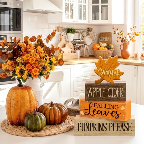 Moucuny 4 Pcs Fall Table Decor for Home, Wooden Grateful Maple Leaf Signs