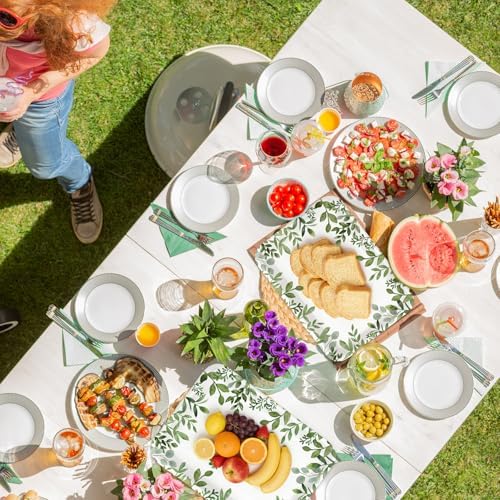 Whaline 3Pcs Greenery Serving Trays Reusable Melamine Platters Green Leaves Serving Dishes for Spring Birthday Wedding Party Food Supplies, 10 x 13 Inch