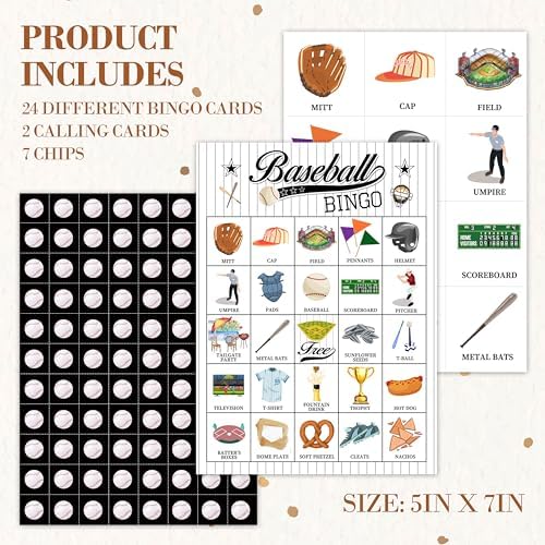 Baseball Bingo Game, Sport Bingo Cards Set, Birthday Party Bingo Supplies for Adults, Family Friends Activities Favors Decorations for 24 Player, 01