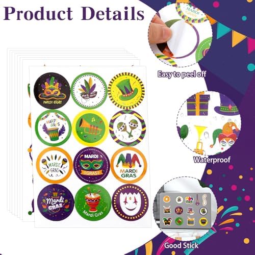 Mardi Gras Stickers, 306 PCS Happy Mardi Gras Stickers, Self-Adhesive Carnival Masquerade Decoration Sticker Clowns Crowns Mask Design Sticker for Masquerade Themed Decorations Activity Party Favors