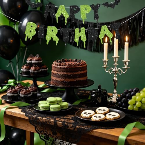 Glitter Happy Birthday Halloween Banner - NO DIY - Halloween Hanging Paper Garland Bunting Banner Decorations, Party Supplies for Kids Boy Girl Birthday Black Green