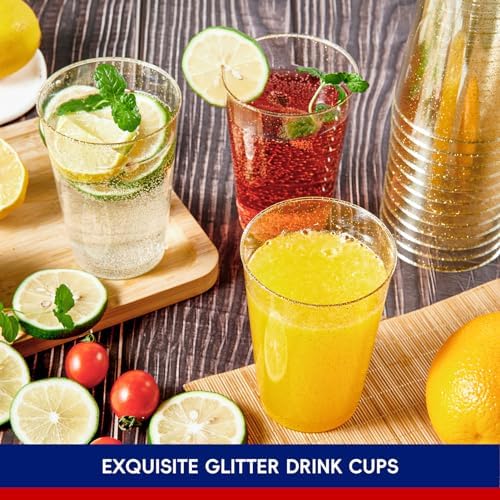 JOLLY CHEF 100 Pack 12 oz Gold Plastic Cups, Disposable Gold Cups, Heavy-duty Party Glasses for Wedding, Thanksgiving, Christmas Parties