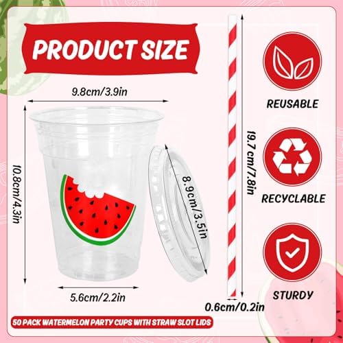 Whaline 50Pcs Watermelon Disposable Plastic Cups with Lids and Straws 12 Oz Red Watermelon Cold Beverage Drinking Cups for Summer Fruit Birthday Party Supplies