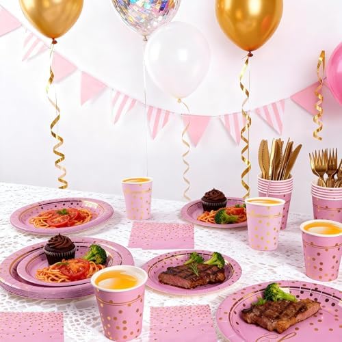168Pcs Pink and Gold Paper Plates and Napkins Party Supplies for 24 Guest