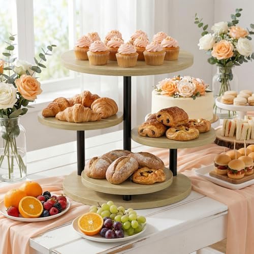 Cake Stand for 50 Cupcakes 360°Rotating Wooden Cupcake Display Stand Round Cookie Stands 4 Tiered Tray Stand for Parties Birthday Wedding Baby Shower Afternoon Tea Dessert Table, Oak