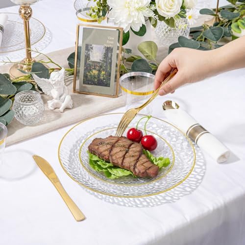 Rubtlamp 700Pcs Gold Plastic Dinnerware Set, Hammered Clear Gold Plates, Fancy Plastic Plates Include 100 Dinner Platos,100 Salad Platos,100 Cups,100 Pack Pre Rolled gold plastic Silverware